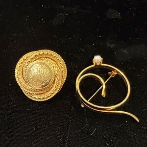 Gold-Tone Spiral Brooch and Medallion Pin Set